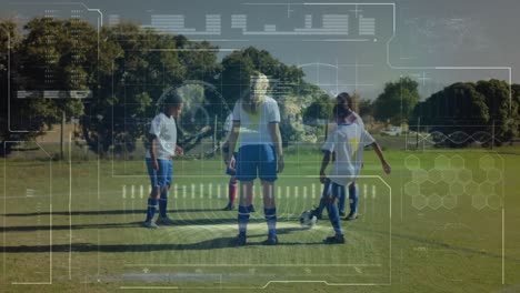 Animation-of-infographic-interface-over-multiracial-female-soccer-players-practicing-on-field