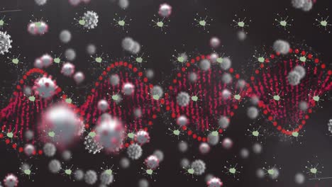 Animation-of-falling-cells-and-dna-strand-on-dark-background