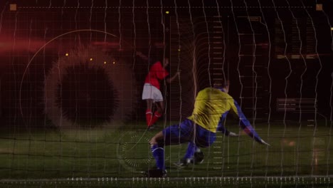 Animation-of-interface-over-multiracial-man-kicking-ball-towards-net-and-goalkeeper-defending-ball