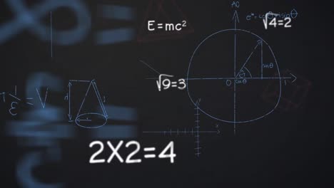 Animación-De-Ecuaciones-Matemáticas-Sobre-El-Globo-Y-El-Icono-De-Red-De-Conexiones-Sobre-Fondo-Negro