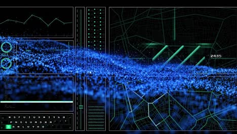 Animations-of-digital-interface-and-blue-wave-on-dark-background