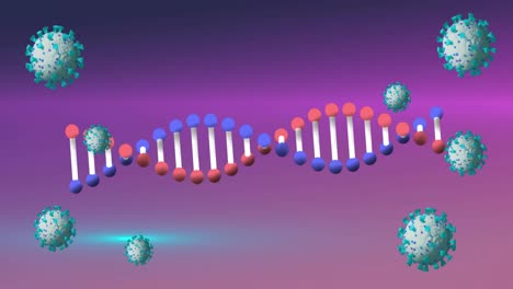 Animation-of-falling-cells-and-dna-strand-on-dark-pink-background