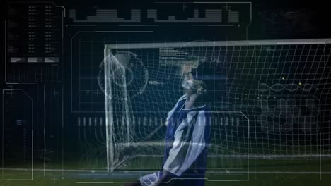 Animation-of-hud-interface-over-african-american-soccer-player-kicking-ball-in-air-on-ground