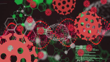 Animation-Fallender-Zellen-Und-DNA-Strang-Auf-Dunklem-Hintergrund