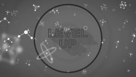 Animation-of-falling-molecules-level-up-text-on-grey-background
