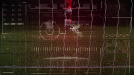 Animation-Der-Infografik-Schnittstelle-über-Einem-Afroamerikanischen-Fußballspieler,-Der-Fußball-Auf-Dem-Boden-Kickt