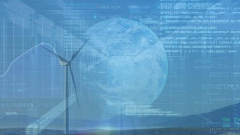 Animation-of-financial-data-processing-with-globe-and-server-room-over-wind-turbine