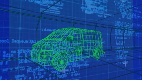Animation-Eines-Digitalen-Lieferwagenmodells-über-Datenverarbeitung-Und-Linien-Auf-Blauem-Hintergrund
