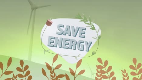 Animación-De-Texto-De-Ahorro-De-Energía-Con-Iconos-Sobre-Turbina-Eólica