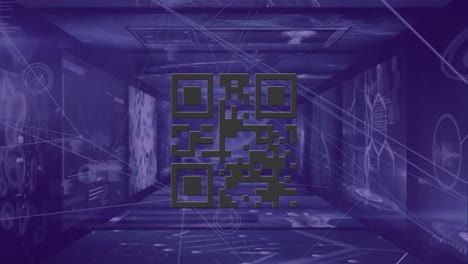Digital-animation-of-glowing-qr-code-against-glowing-neon-blue-tunnel-on-black-background