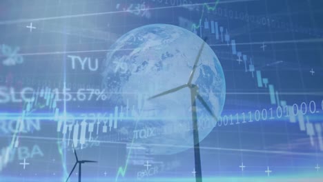 Animation-of-financial-data-processing-and-globe-over-wind-turbines