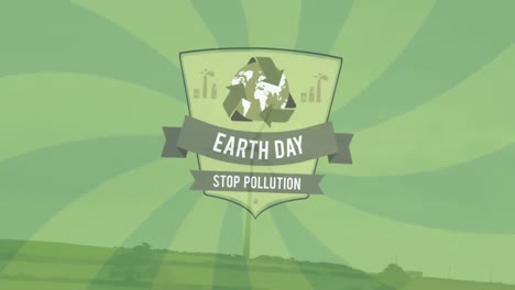 Animation-of-earth-day-stop-pollution-text-with-icons-and-stripes-over-wind-turbine