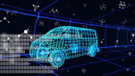 Animation-Eines-Digitalen-Lieferwagenmodells-über-Molekülen-Und-Linien-Auf-Schwarzem-Hintergrund