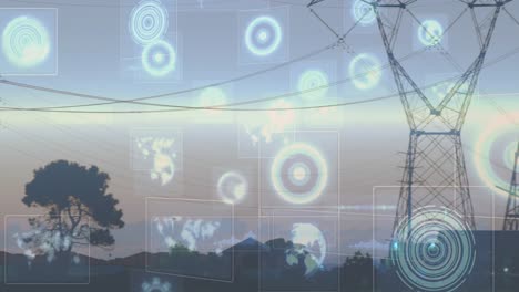 Animation-of-infographic-interface-over-silhouette-electricity-pylons-and-trees-against-sky