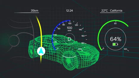 Animation-of-car-panel-over-car-drawing-rotating-on-black-background