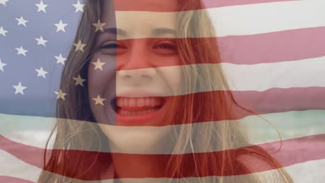 Animación-De-La-Bandera-De-Estados-Unidos-Sobre-Una-Mujer-Caucásica-Sonriendo.