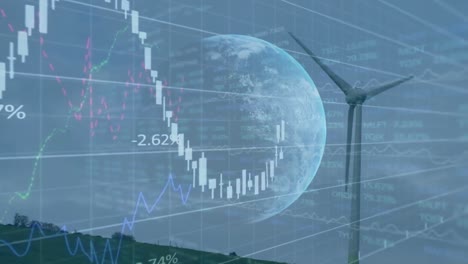 Animation-of-financial-data-processing-and-globe-over-wind-turbine