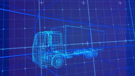 Animation-of-data-processing-and-shapes-over-digital-lorry-on-blue-background