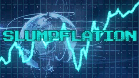 Animation-of-slumpflation-text-in-blue-over-graph,-globe-and-communication-network
