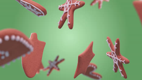 Animation-Von-Lebkuchen,-Die-Zu-Weihnachten-Auf-Grünem-Hintergrund-Fallen