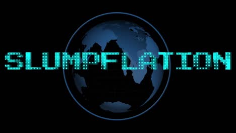 Animation-of-slumpflation-text-in-blue-over-rotating-globe-on-black-background