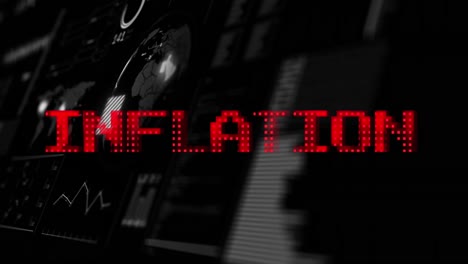 Animación-Del-Texto-De-Inflación-En-Rojo-Sobre-El-Globo,-Mapa-Mundial-Y-Procesamiento-De-Datos-En-La-Interfaz