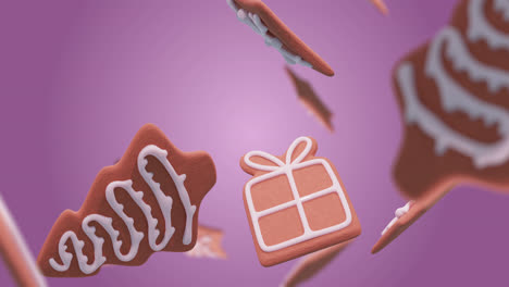 Animation-of-gingerbread-falling-at-christmas-over-purple-background