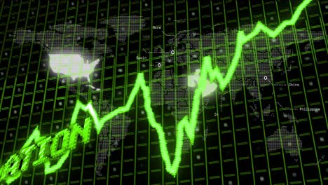 Animation-of-stagflation-text-in-green-over-graph-and-glowing-world-map-processing-data