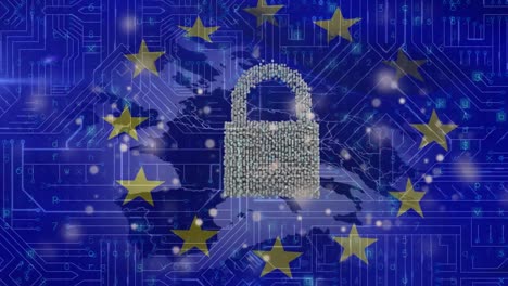 Animation-Der-UE-Flagge-Und-Des-Sicherheitsvorhängeschlosses-Auf-Blauem-Hintergrund
