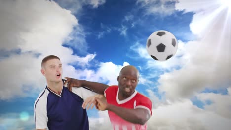 Animation-Von-Wolken-über-Verschiedenen-Männlichen-Fußballspielern