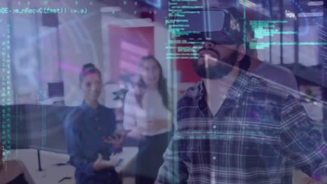 Animation-of-data-processing-over-diverse-female-colleagues-in-office-with-man-in-vr-headset