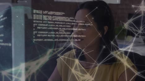 Animation-of-globe,-network-and-processing-data-over-happy-asian-woman-using-headset-in-office