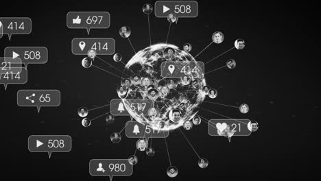 Animation-of-global-network-of-people-and-social-media-notifications-on-black-background