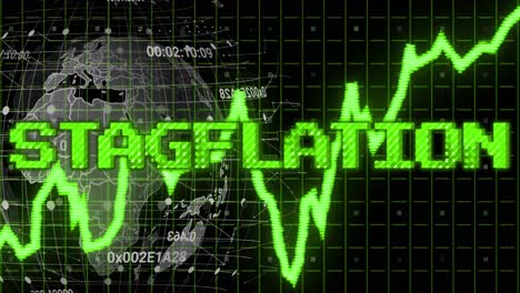 Animation-of-stagflation-text-in-green-over-green-graph,-globe-and-processing-data