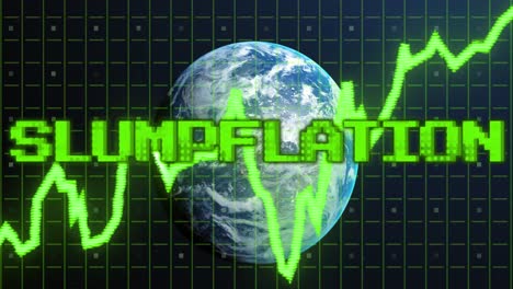 Animation-of-slumpflation-text-in-green-over-green-graph-processing-data-and-globe