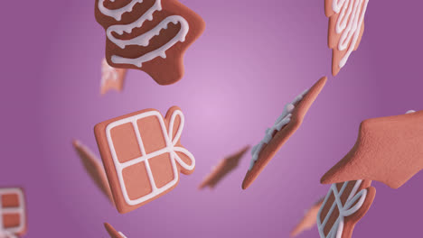 Animation-of-gingerbread-falling-at-christmas-over-purple-background