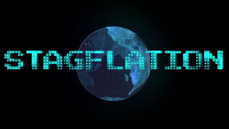 Animation-Von-Stagflation-Text-In-Blau-über-Dem-Globus,-Der-Auf-Schwarzem-Hintergrund-Rotiert