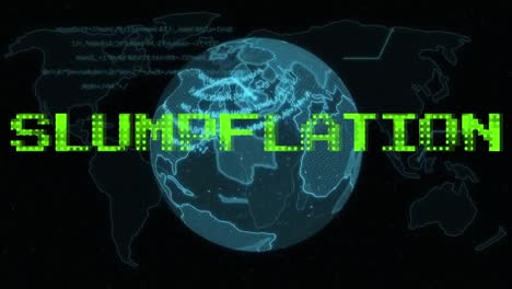 Animation-of-slumpflation-text-in-green-over-globe-and-data-processing-on-black-background