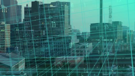 Animation-Der-Datenverarbeitung-Auf-Einem-3D-Raster-über-Gebäuden-Im-Modernen-Stadtbild