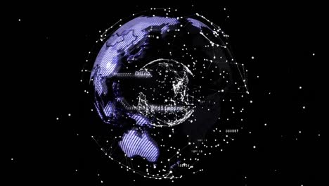 Animation-of-glowing-globe-and-global-network-exchanging-data-on-black-background