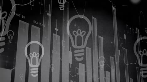 Animation-of-light-bulb-icons-and-graph-processing-financial-data-on-grey-background