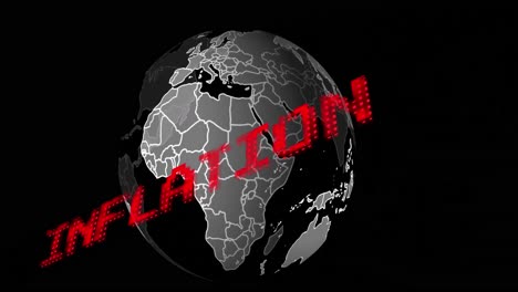 Animation-Des-Inflationstextes-In-Rot-über-Dem-Globus,-Der-Auf-Schwarzem-Hintergrund-Rotiert