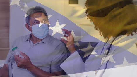 Animation-of-flag-of-bosnia-and-herzegovina-over-diverse-doctor-and-patient-wearing-face-mask