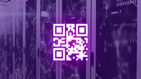 Animation-of-qr-code-and-network-of-connections-over-server-room