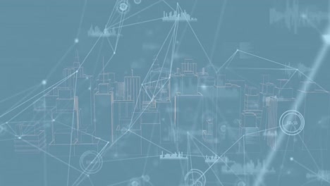 Animation-Eines-Netzwerks-Von-Verbindungen-Mit-Datenverarbeitung-über-Einer-Digitalen-Stadt-Auf-Blauem-Hintergrund