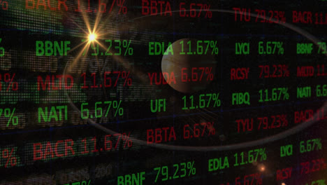 Animation-of-stock-market-with-light-trails-over-globe