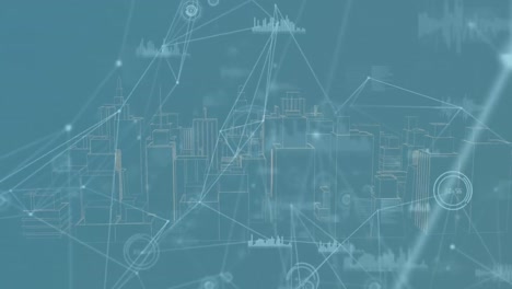 Animation-Eines-Netzwerks-Von-Verbindungen-Mit-Datenverarbeitung-über-Einer-Digitalen-Stadt-Auf-Blauem-Hintergrund