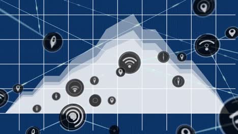 Animation-of-network-of-connections-with-icons-over-mountains-and-grid-on-blue-background