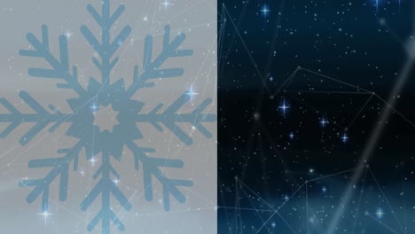 Animation-of-network-of-connections-and-light-spots-with-snowflake-on-black-background