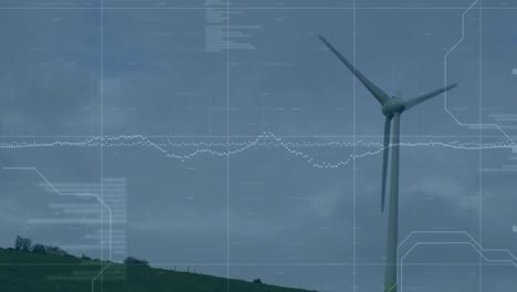 Animation-of-data-processing-over-wind-turbine-and-sky-with-clouds